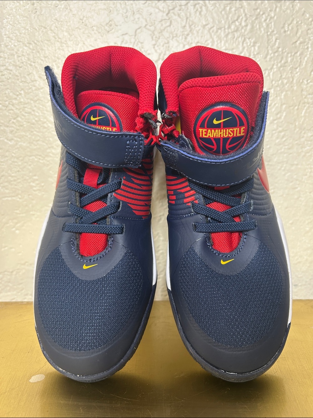 Nike Kids Navy and Red High-Top Sneakers with Yellow Swoosh